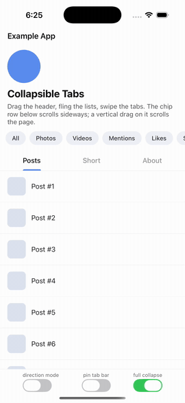 iOS demo: collapsing header, tab swipes, short-tab collapse, pull-to-refresh